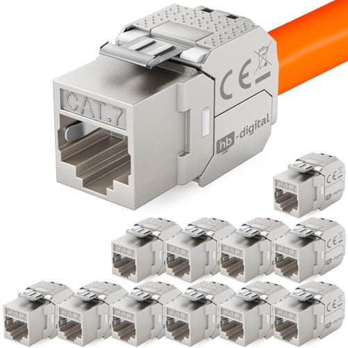 hb-digital 12x CAT 7 Keystone RJ45 Modul Buchse für LAN Kabel 10 Gbit/s bis 600 MHz AWG 22-24 werkzeuglos LSA vollgeschirmt STP Einbaubuchse für Patchpanel und Netzwerkdose