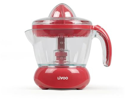 LIVOO, Spremiagrumi elettrico rosso DOD131RC, Potenza 25 W, 60-65 giri al min., Spegnimento automatico, con ciotola di recupero del giogo da 700 ml, 2 coni intercambiabili