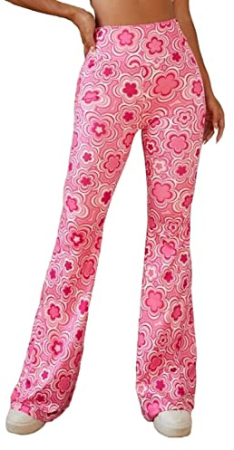 Pantalons Fluide Évasés des Années 70 Femme - Taille Haute Elastique Yoga Leggings Sport Vetement Ete Pantalon Large Disco Pilates Chic Et Elegant Hippie Deguisement Adulte(Pink, XS, 1050w)