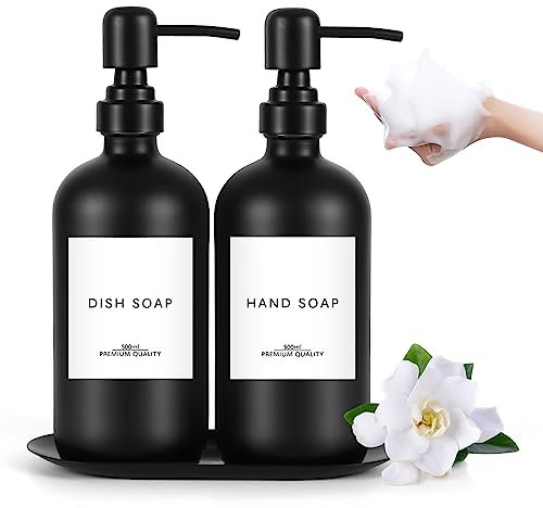 Lannvan 2Pcs Distributeur de Savon en Verre, Shampoing et Gel Douche Noir Mat 500 ML, Lessive Liquide, Tête de Pompe en Acier Inoxydable