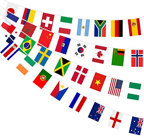 AhfuLife 1 Stück 32 Länder Fahnen Wimpelkette, 32 Länder Beidseitig Stoff Euro Flaggenkette, EM Deko Wimpel Girlande Banner für WM Europa Fußball Eurovision Bar Party Dekoration