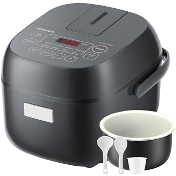 TOSHIBA Rice Cooker Small 3-Cup Uncooked– LCD Display with 8 Cooking Functions: Rice, Oatmeal, Mixed Grains and More, NonStick Inner Pot, Grey