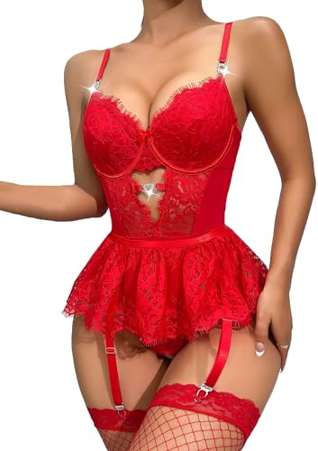 Aranmei - Conjunto de lencería sexy para mujer, body con encaje, minifalda babydoll, lencería con medias de malla para club, San Valentín, rosso, S