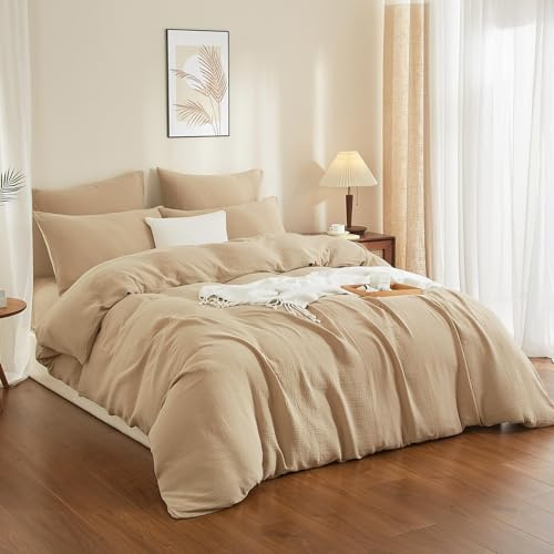 YASMENG Housse de Couette Gaze de Coton 220x240 Beige Kaki 100% Coton Parure de Lit Double en Gaze de Coton Doux Respirant Linge de Lit 2 Personne avec Fermeture Éclair et Taies d'oreiller 65x65 cm