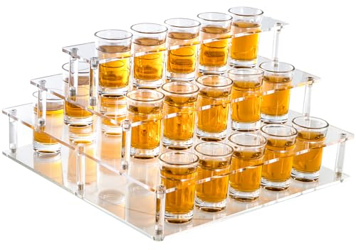 HeiMma Acrylic Shot Glass Holder, Shot Glass Display Stand Storage and Organizer Serving Tray for Party, Bar, Drinking Club, Restaurant, 25 Slots, Hole: 1.57”