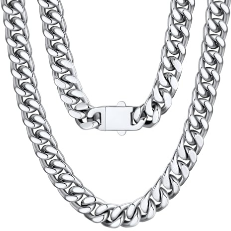 U7 Collar Hombre Acero Inoxidable de Cadena Cubana Miami Curb 12mm Cadena Plata Hombre Acero Inoxidable Gruesa Plateado Hip Hop Longitud 61cm Caja de Regalo