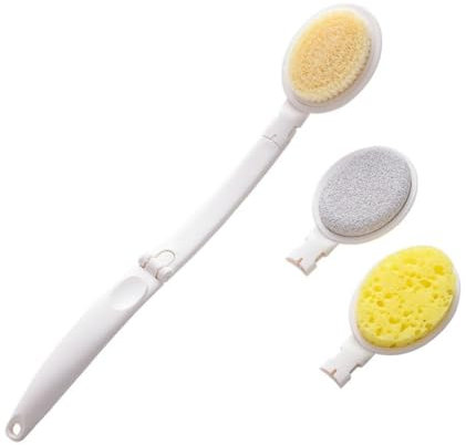 Wenrescry Brosse corps, Brosse dos douche - Brosse 3 en 1 avec Manche Long Pliable, 3 Têtes Remplaçables (Éponge, Nylon, Pierre Ponce) pour Nettoyage et Exfoliation