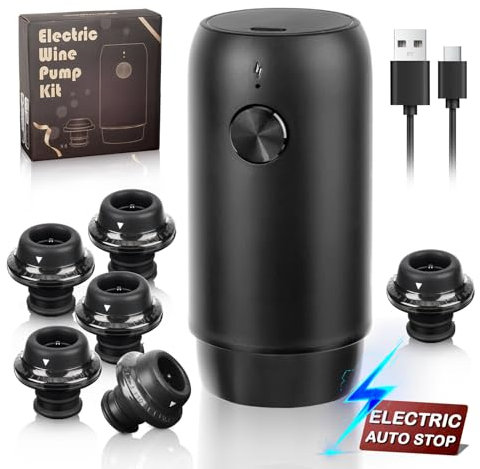 MetroTesco Electric Wine saver pump with 6 wine stoppers vacuum, wine preserver keep Your Wine Fresh for up to 10 Days, USB-C Rechargeable, 1 Pump 6 Stoppers Best Gifts for Wine Lovers, Black