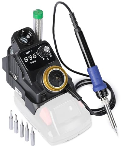 WEP 937D-I 3 Cordless Soldering Iron Kit Compatible with Milwaukee 20V/18V Battery, with Integrated Iron Holder, Digital Display, 6 Soldering Tips, Adjustable Temperature, Auto Sleep & Shutdown