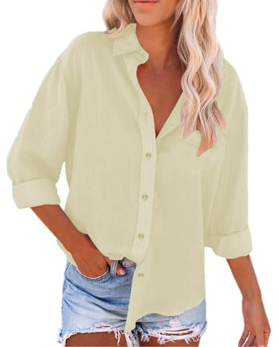 Cocila Camicia da in Lino Tinta Unita Primavera Estate Camicia a Maniche Lunghe abbottonata vestibilità Ampia Abbigliamento da Lavoro da Spiaggia per Vacanze Top Maglietta Termica Manica Lunga