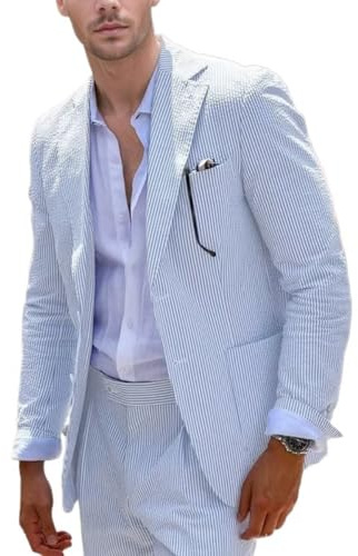 Aowdoy Mens Seersucker Suits 2 Pieces Casual Blue Sear Suit Suits for Men Slim Fit Summer Beach Wedding Party Suit Jacket Pants Light Blue M