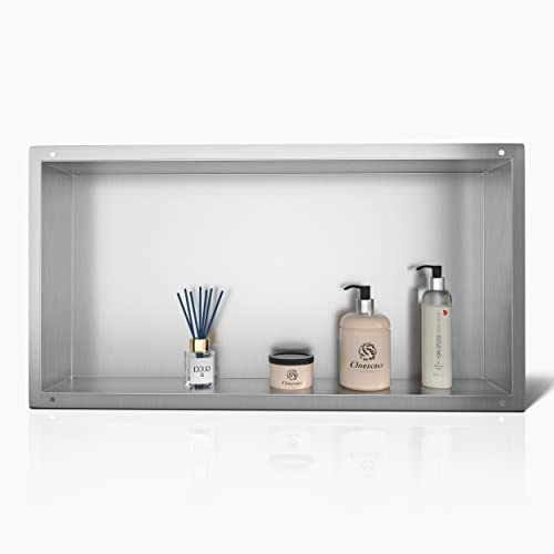 Bernkot Stainless Steel Shower Niche, 30×60 cm No Tile Needed Wall Niche Double Shelves,Recessed Shower Shelf for Bathroom, Brushed