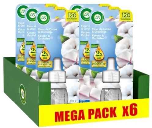 Air Wick Lot de 6 Recharges Diffuseur désodorisant Electrique Huiles essentielles Fleur de Coton & Orchidée