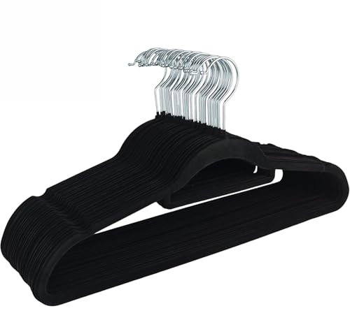 Kleiderbügel Samt 50er Set – Samtbügel schwarz - rutschfest mit Kunststoffkern, Hosensteg, Kerben & 360° Haken für Anzüge, Hemden & Jacken!