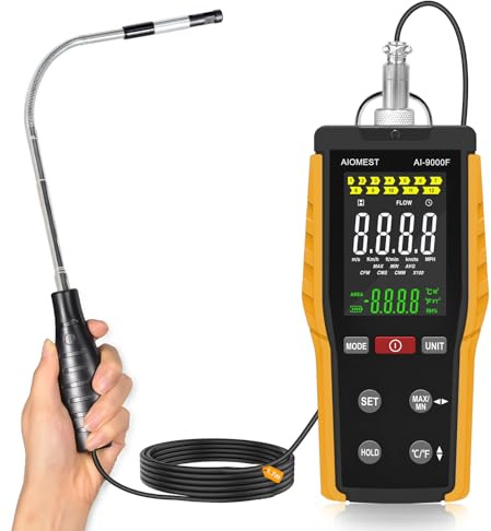 CFM Wind Meter Anemometer HVAC, AIOMEST Handheld Wind Speed Gauge Hot Wire Measure Air Flow Velocity Temperature for Duct Airflow Pipe Air Volume, Professional Thermal Anemometro AI-9000F