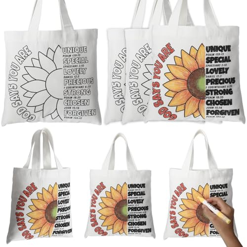 Locmeo 18 Pcs God Says You Are Craft Tote Bags Color Your Own Sunday School Bags Christian Reusable Craft Canvas Totes Religious Sunflower Drawing Coloring Goodie DIY Party Favors for School Home