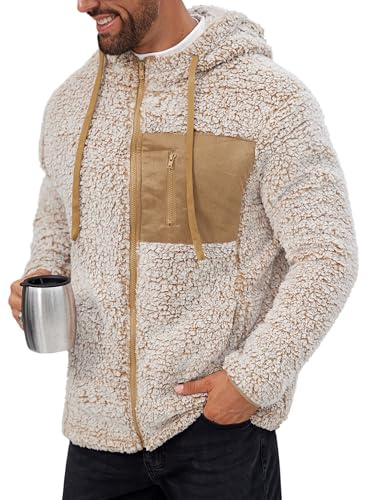VOGSTART Men's Fluffy Sherpa Jacket Zip-Up Hoodie Lightweight Fleece Outerwear with Hood and Pocket Soft Texture Coat for Cold Daily Use Outdoors Brown M