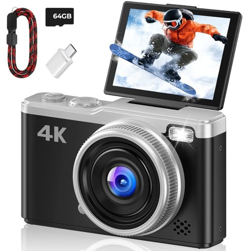 4K Digitalkamera - Maxmango 64MP Autofokus Kamera Fotokamera mit 180° Klappbarer Bildschirm - 2,4 Zoll Vlogging Kompaktkamera mit 64GB Karte - 16X Zoom für Jugendliche Einsteiger - Schwarz
