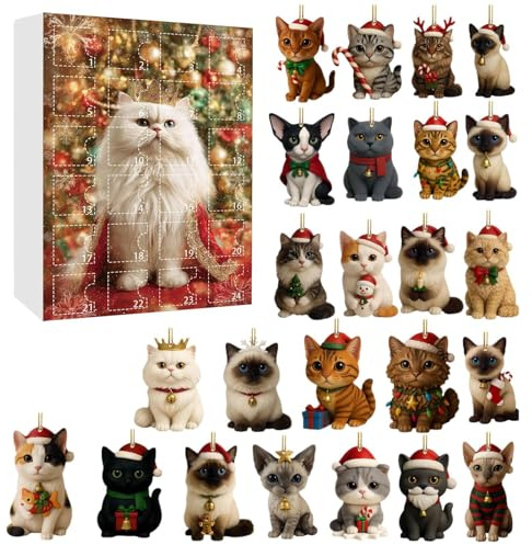 Julkalender för adventskalender 2025 | Söt katt 24 dagar jul nedräkningskalender | 2D akryl dekorativ kattunge hängande prydnadsset för, träd, bil, backspegelvägg (A)