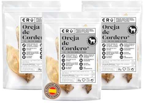 CRU - Orejas de Cordero para Perros y Gatos - Snacks para Perros 100% Naturales - Chuches para Gatos Que Aportan Omega 3 y Favorecen la Salud Dental (3 Unidades, Orejas de Cordero)