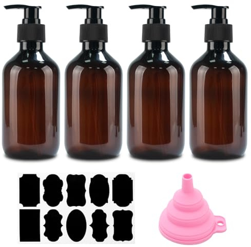 4 Pcs 300ml Soap Dispensers, Empty Refillable Pump Dispenser Bottles, Pump Bottle Dispensers, Shampoo and Conditioner Dispenser Bottles for Kitchen Bathroom Wash Liquids + Funnel & Label(tea color)