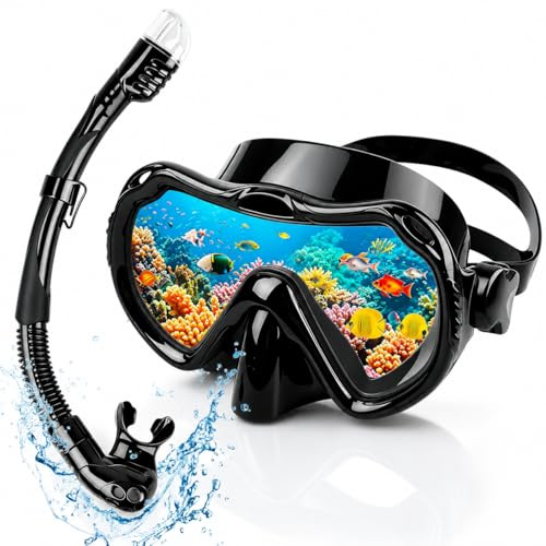 Set da snorkeling per adulti, nero, maschera da immersione con boccaglio, maschera anti-appannamento con campo visivo panoramico a 180°, maschera subacquea per uomo e donna, per immersioni subacquee