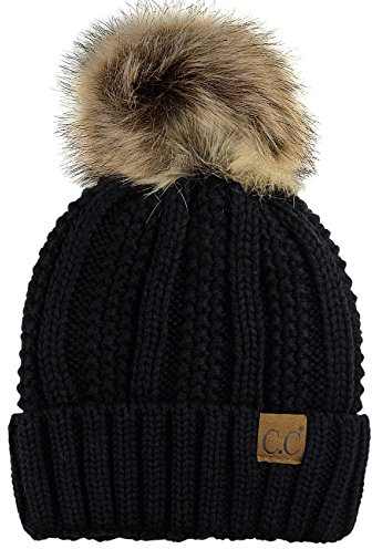 C.C Thick Cable Knit Faux Fuzzy Fur Pom Fleece Lined Skull Cap Cuff Beanie, Black