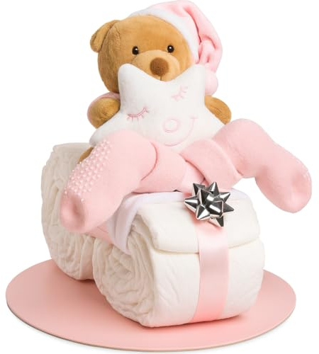 Windeltorte Mädchen in Rosa – Motorrad mit Kuscheltier, Geschenk zur Geburt & Taufe – Handgefertigte Baby Windeltorte mit Windeln, Mullwindel & Glückwunschkarte