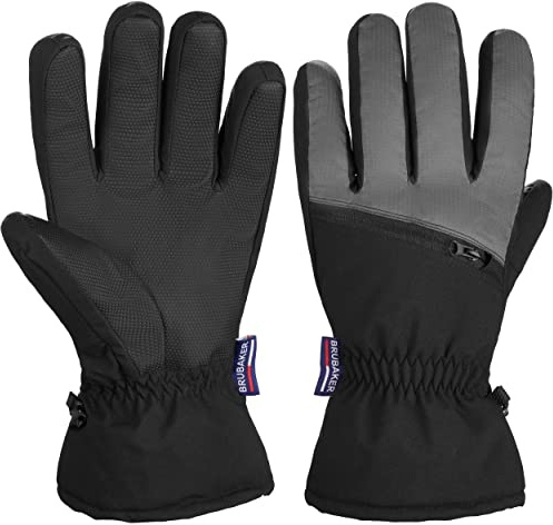 BRUBAKER Ski Gloves Vattentät och vindtät med dragkedjeficka - Vinterhandskar för män och kvinnor - Extra varma snowboardhandskar - Thermo Gloves for Snowboard - Black Grey