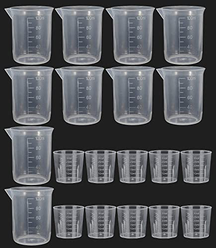 Verre Doseur Plastique,20 pcs Transparent Gobelet Plastique Godet Plastique Tasse à Mesurer Labs Gradués en Béchers Set,pour Mélanger Peinture, Taches, Résine époxy,Cuisine(30ml and 100ml)