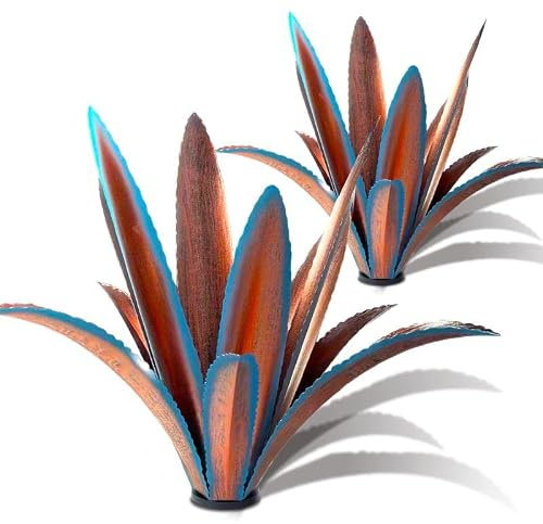 TOMBABY Enlarge Thickened Wind Resistant Iron Agave Metal Plant Country Garden Sculpture Statue Outdoor Decoration Agave Metal Plant Courtyard Garden Lawn Ornament Gift (2, 12 Leaves Blue)