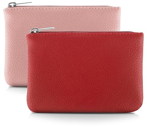 TIESOME Lot de 2 porte-monnaie motif litchi, porte-monnaie en PU avec fermeture éclair, porte-monnaie portable, mini porte-monnaie pour femmes, compartiment à monnaie, Rouge rose, 12x9x1.2cm