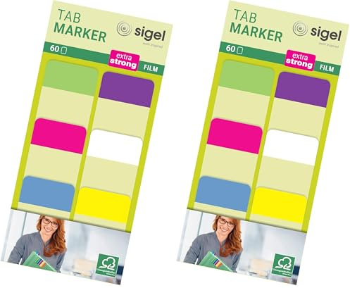 SIGEL HN203 HN203 Marcapáginas adhesivos y rigidos, cinta de filme transparente extra fuerte en 60 tiras de 25 x 38 mm, 6 colores (Paquete de 2)