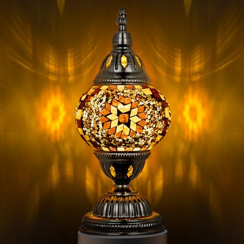 Marrakech Turkish Table Lamp with Bronze Base，Handmade Yellow Moroccan Tiffany Style Mosaic Glass Night Stand Light Fixture Including LED Bulb for Living Room Bedroom Decor (Yellow)