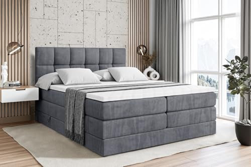 ALTDECOR Boxspringbett mit Matratze und Lattenrost, Topper, Polsterbett mit Bettkasten, Bett mit Stauraum H3- und H4- Matratze, Doppelbett, Springboxbett RICAR King 200x200 - Dunkelgrau Samt