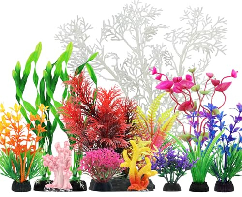 QUOZUO Aquarium Decorations Plants with Resin Coral, 12 pcs Fish Tank Accessories, Fish Tank Decorations Small Plants Plastic, Aquarium Decor Artificial Plant