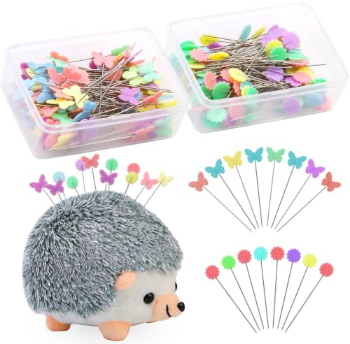 200 Pcs Sewing Pins, Sewing Accessories, Coloured Heads Quilting Pins | With Random Color Hedgehog Needle Cushion Storage Box for Dressmaker Craft
