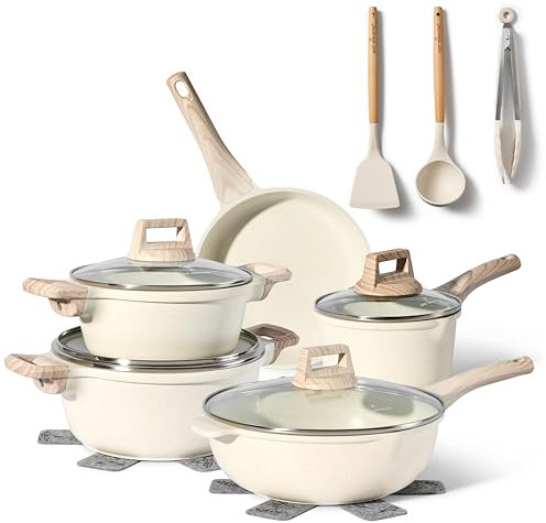 Just Perfecto pots and Pans Sets Non Stick, Induction hob pan Set, Saucepan Set, Non Stick Frying pan Set with lid Stock Pot, deep Frying pan, pots and Pans Set Granite cookware Set (Biege)