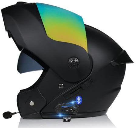 RQTEUYE Motorradhelm Klapphelm Mit Bluetooth, Motorrad Bluetooth Modularer Helm ECE Zertifizierter, Integralhelm mit Doppelvisier, für Automatische Antwort Helm Herren Damen (21.6-24.4in)