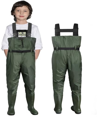 Croch Kids Chest Waders with Boots Waterproof and Breathable Waders for Youth, Sizes EU 27-41 (Green, EU 30)