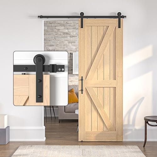 SANKEYTEW Kit de porte coulissante de 183 cm, kit de porte coulissante en bois, rail de porte coulissante, kit de quincaillerie pour porte de grange, système de rail plat en acier, kit de rail