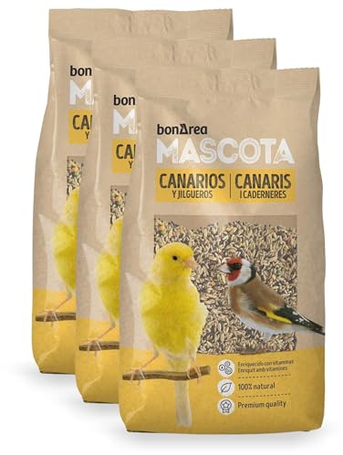 BonÀrea - Mixtura de Semillas - 3 x 1 KG - Canarios y Jilgueros Alimento 100% Natural - Enriquecido con Vitaminas - Alimentación Completa y Equilibrada - Fabricado en España
