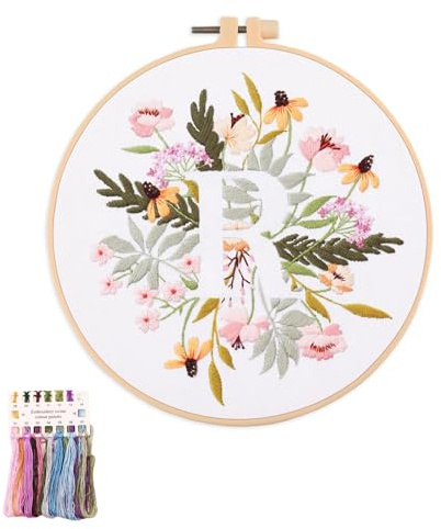 artcici Broderikit växt blomma bokstav R-mönster för nybörjare vuxna, komplett sortiment broderi startsatser korsstygn handarbete tillbehör