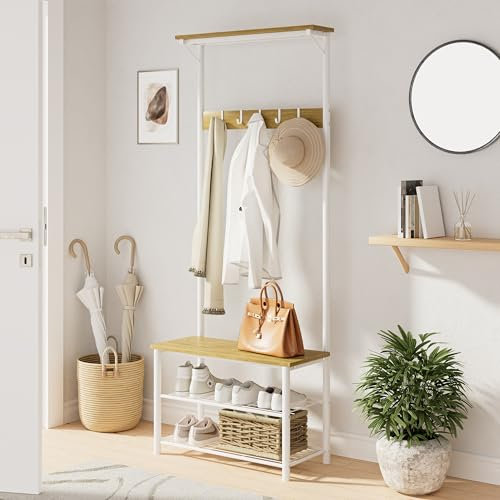 HEYZOEY Garderobenständer, Holz Garderobe mit Sitzfläche, Flurgarderobe, Kleiderständer mit Schuhbank und Schuhregal, 3-Tier Regal und 4 abnehmbare Haken, weiß (oben)