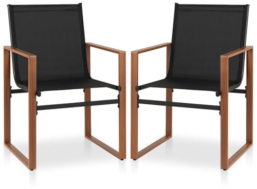 COSTWAY 2er Set Gartenstühle, Terrassenstühle mit atmungsaktiver Sitzfläche und Metallrahmen, Balkonstühle, Outdoor-Stühle bis 150 kg belastbar, für Garten, Balkon, Veranda (Schwarz)