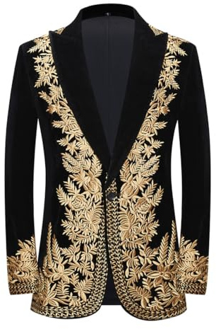 PYJTRL män svart sammet kavaj med blomgrenar växter broderi slim fit rockar för bröllop bankett fester, Guld, XXL