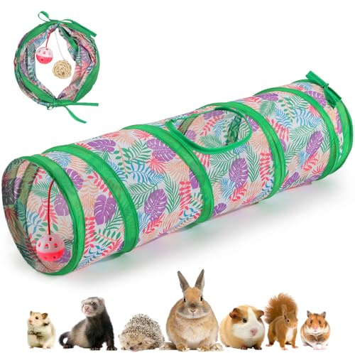 Pawaboo Tunnel Droit pour Petits Animaux, Tunnels pour Cochons d'Inde et Tubes pour Hamsters 23,6, Cachette Pliable pour Petits Animaux avec Cloche et Balles Interactives, Forêt