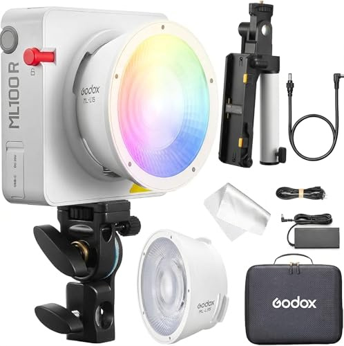 Godox ML100R Kit2 fullfärg-RGB LED-videolampa med utbytbar 15° & 36° linsreflektor, NP-F batterihandtag, 1800–1000K CCT, 14 filmiska FX-effekter och appkontroll