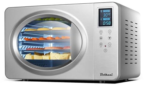 Bolkani Déshydrateur automatique en acier inoxydable avec 6 plateaux de déshydratation, 500 W, écran LED, 30 à 90 °C, minuterie 24 h, fonctionnement silencieux, avec bac d'égouttement et tapis de