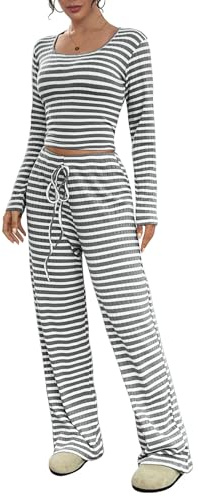 SotRong Women's 2 Piece Striped Lounge Set Long Sleeve Crop Top and Wide Leg Drawstring Pants Ribbed Knit Matching Tracksuit Casual Outfit Light Grey XL